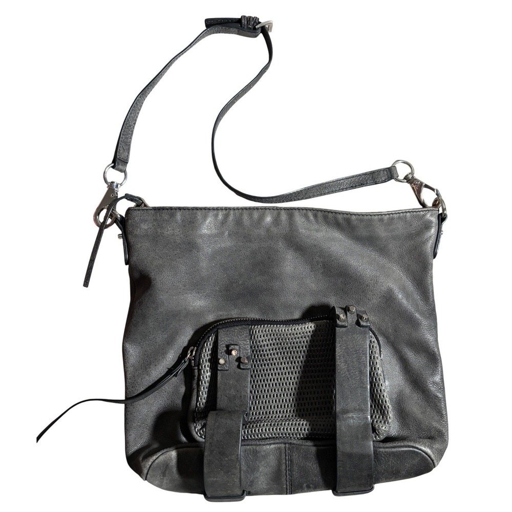 She + Lo Gray Leather Crossbody Bag Perforated Pocket Distressed Messenger Moto